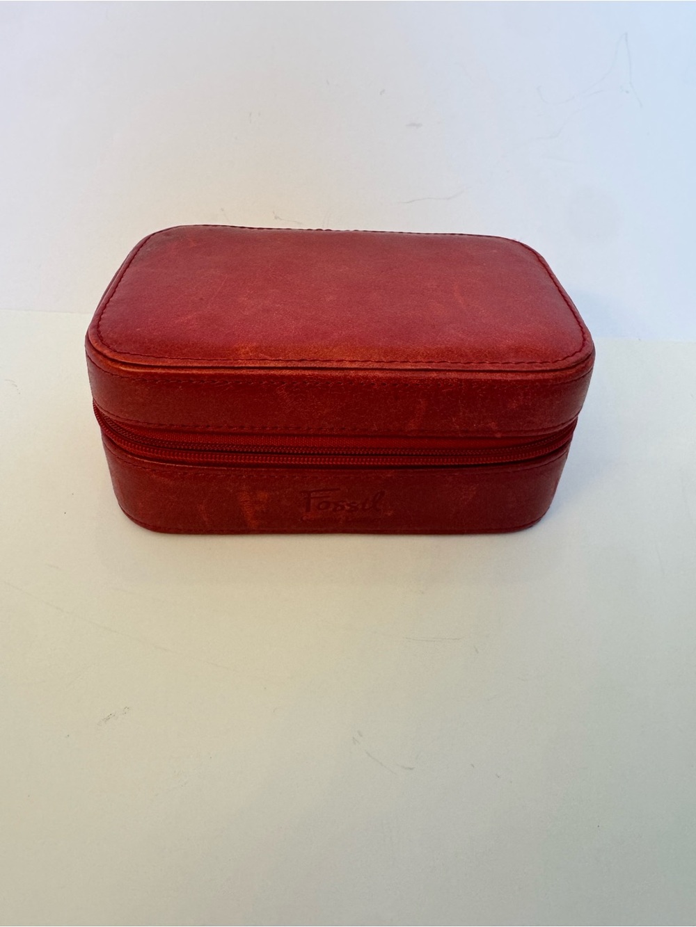 Fossil Red Leather Travel Jewelry Case Organizer Zip Around Storage Box